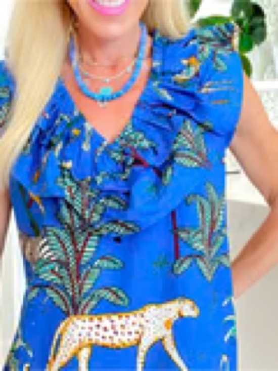 Tops - JAMES Ascher Blue Ruffle V-Neck Sleeveless Top - Tropical Print size: medium